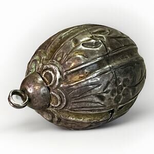 Antique Walnut Shaped Hinged Silver Plated Baby Rattle- Intricate Floral Pendant